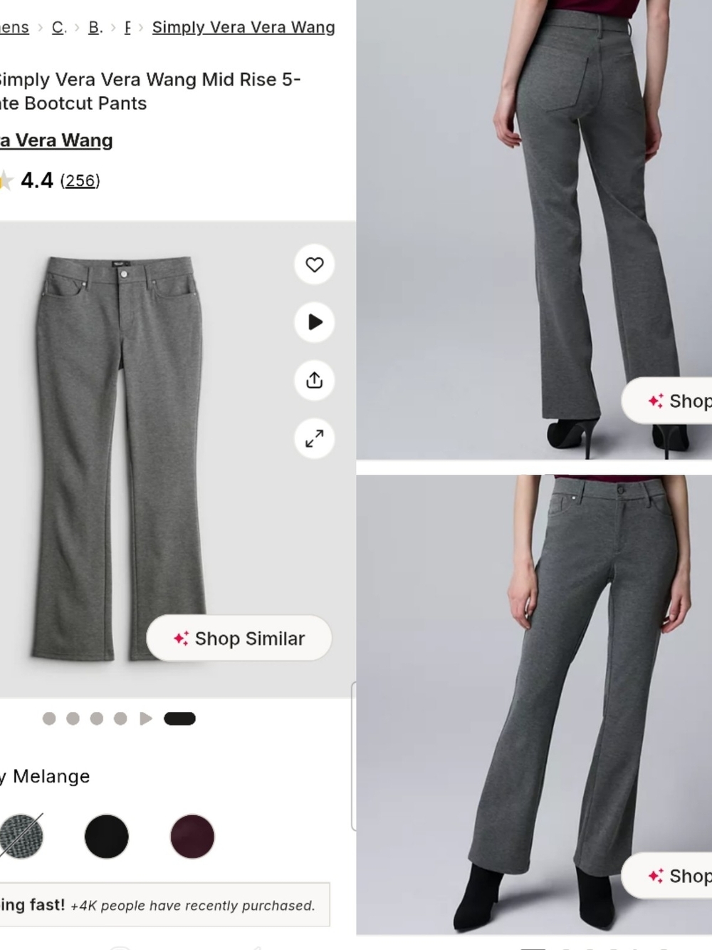 NWT Vera Wang Mid-Rise Bootcut Pants - Gray